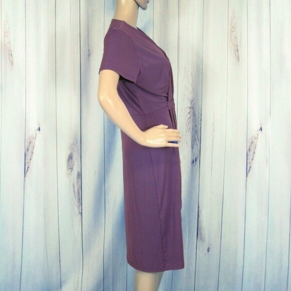 Purple Faux Wrap Dress Medium Slimming Drape Short Sleeve V-neck The Paragon NEW - Picture 3 of 8
